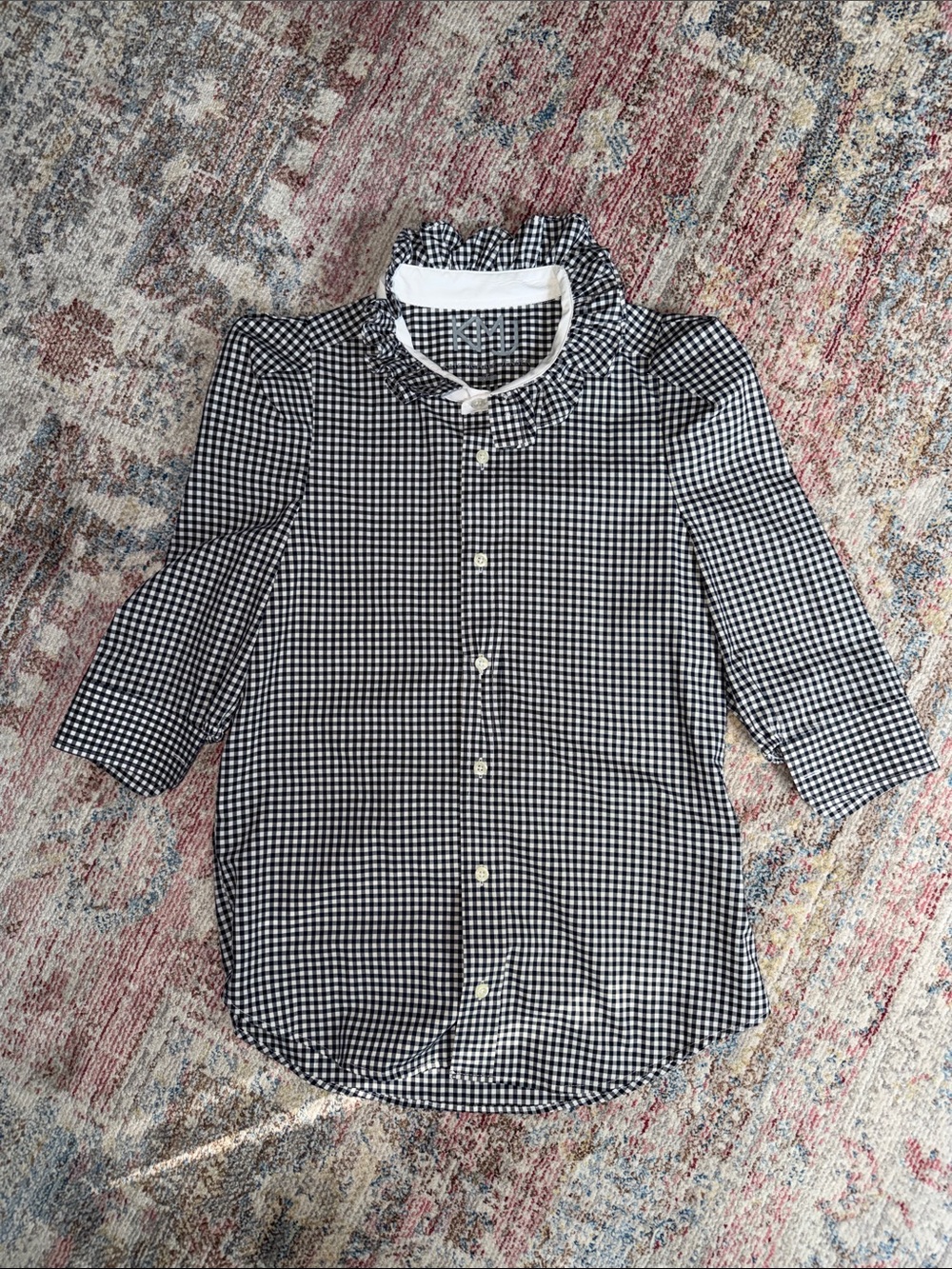 KMJ Women’s Black & White Gingham Bontina Top with Ruffle Collar-M